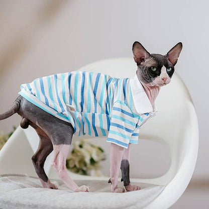 Hairless Cat Clothes - Spring Summer Cotton Polo T-Shirt Long Sleeve Stripe Print Pullover Jumpsuits Breathable Stretch Pajamas for Sphynx, Cornish Rex, Devon Rex, Peterbald (L,Blue)