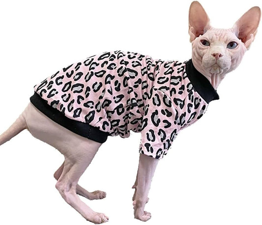 Hairless Cat Clothes Spring Autumn Cotton Long Sleeve Turtleneck T-Shirt Leopard Print Vest Stretch Jumpsuits Pullover Comfort Pajamas for Sphynx,Cornish Rex, Devon Rex, Peterbald (L)