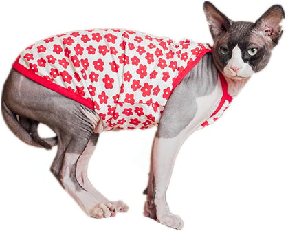 Sphynx Cat Clothes Breathable Summer Cotton Thin Camisole Sleeveless Shirt with Flower Print Strap Pullover Tank Tops Pajamas for Hairless Cats, Sphynx,Cornish Rex,Devon Rex,Peterbald (L,Red)