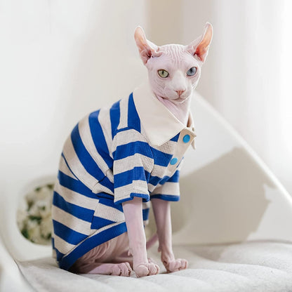 Hairless Cat Clothes Cotton Polo T-Shirt Stripe Print Pullover Jumpsuits Pajamas for Sphynx Cornish Rex Devon Rex Peterbald