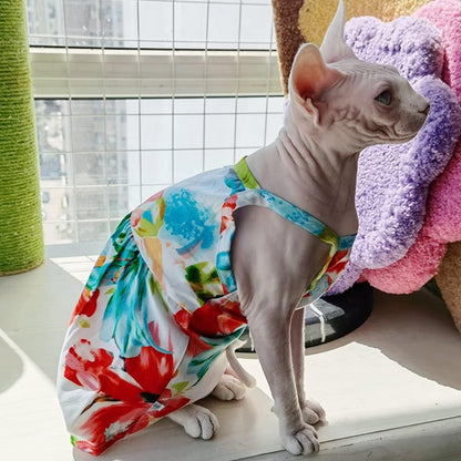 Hairless Cat Clothes Summer Breathable Floral Spaghetti Strap Casual Dress Elegant Sleeveless Girly Skirt,Soft Cotton Beach Dress for Sphynx, Cornish Rex, Devon Rex, Peterbald (M)