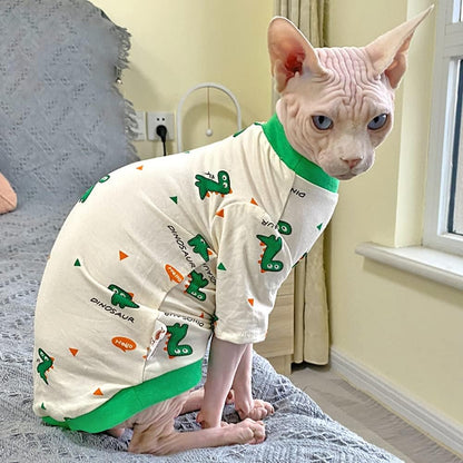 Hairless Cat Clothes Spring Fall Cotton Long Sleeve Turtleneck T-Shirt Dinosaur Print Vest Stretch Jumpsuits Pullover Comfort Pajamas for Sphynx,Cornish Rex, Devon Rex, Peterbald (XL)