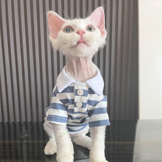 Hairless Cat T-Shirt Breathable Summer Cotton Stripe Shirts Short Sleeve Button Closure Turn Down Collar Cat Clothes Vest Apparel for Sphynx, Cornish Rex, Devon Rex, Peterbald (L+)