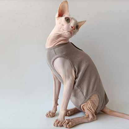 Sphynx Cat Clothes - 4 Leg Breathable Summer Cotton Sleeveless T-Shirts Cat Wear Clothes Vest Pajamas for Cats and Small Dogs Apparel for Sphynx, Cornish Rex, Devon Rex, Peterbald (XS,Brown)