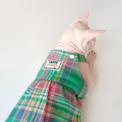 Hairless Cat Clothes - Summer Breathable Plaid Buckle Suspender Skirt Elegant Sleeveless Girly Dress,Soft Cotton Vest Princess Dress for Sphynx, Cornish Rex, Devon Rex, Peterbald (L)