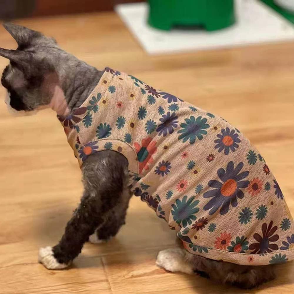 Hairless Cats Clothes Summer Thin Cotton Vest Breathable Soft Floral Print Pullover Tank Tops Sleeveless Shirt Cat Apparel Pajamas for Sphynx,Cornish Rex, Devon Rex, Peterbald (XXXL,Brown)