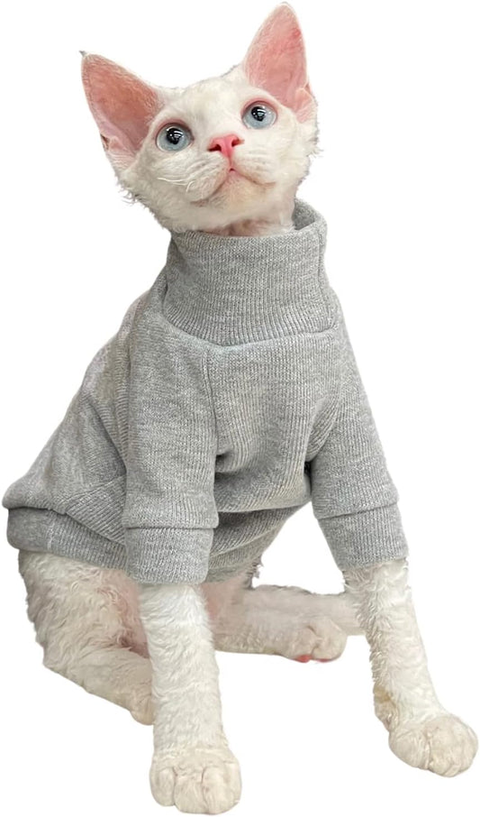 Hairless Cats Clothes - Turtleneck Cotton Sweater Shirt Winter Warm Cat Wear Coat Shirt Jumpsuit Clothes for Sphynx, Cornish Rex, Devon Rex, Peterbald, Hairless Cats Apparel (M+,Grey)