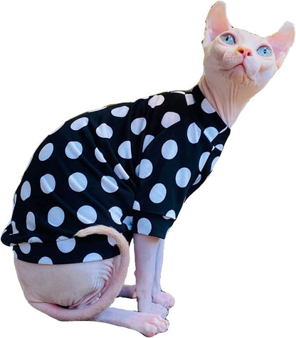 Sphynx Cat Clothes Breathable Summer Cotton Silk Polka Dots T-Shirts Cat Wear Clothes Vest Pajamas for Cats and Small Dogs Apparel for Sphynx, Cornish Rex, Devon Rex, Peterbald (XL+)