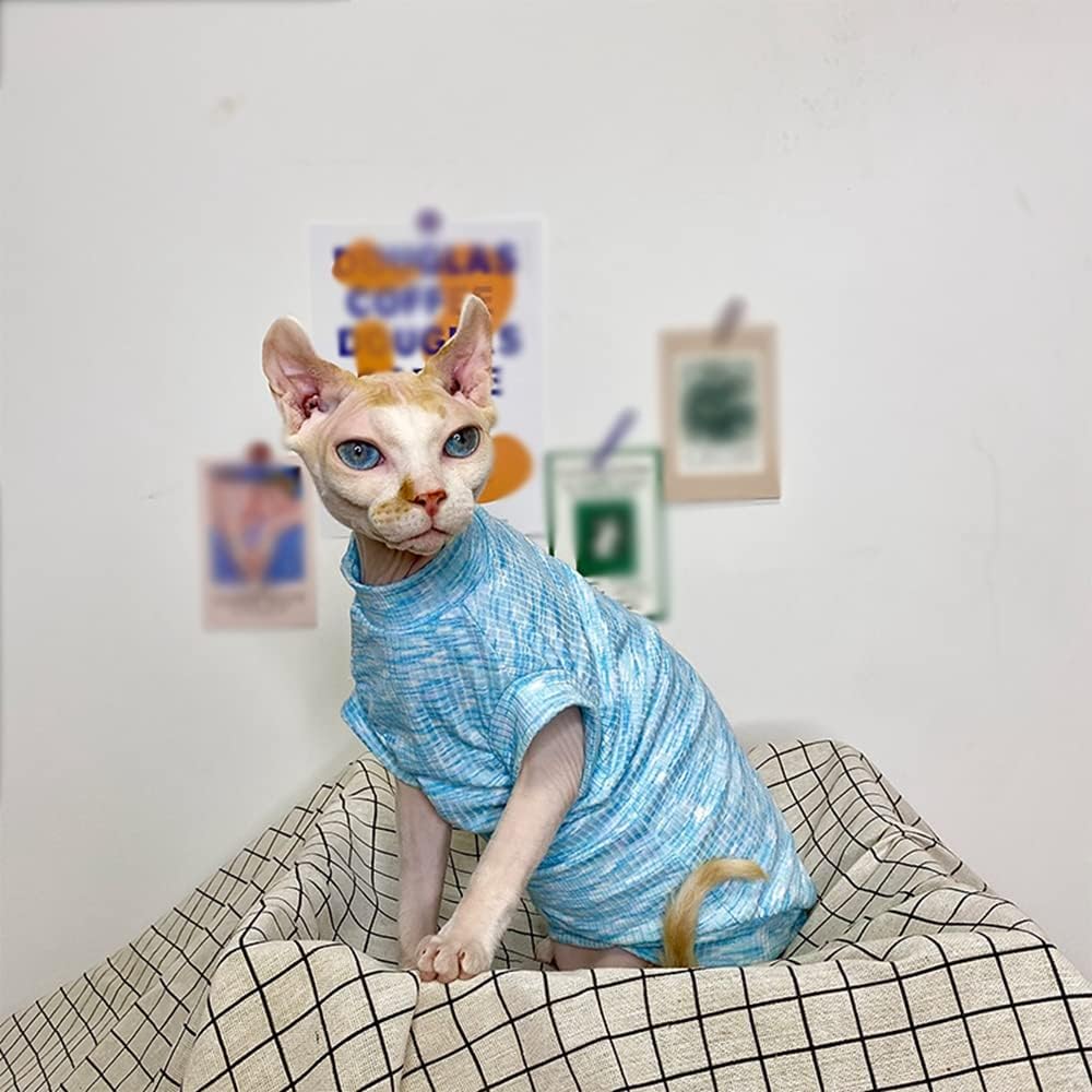 Sphynx Cat Clothes Breathable Summer Cotton Pure Blue T-Shirts Pullover Cat Wear Clothes Vest Pajamas for Cats and Small Dogs Apparel for Sphynx, Cornish Rex, Devon Rex, Peterbald (XXXL-)