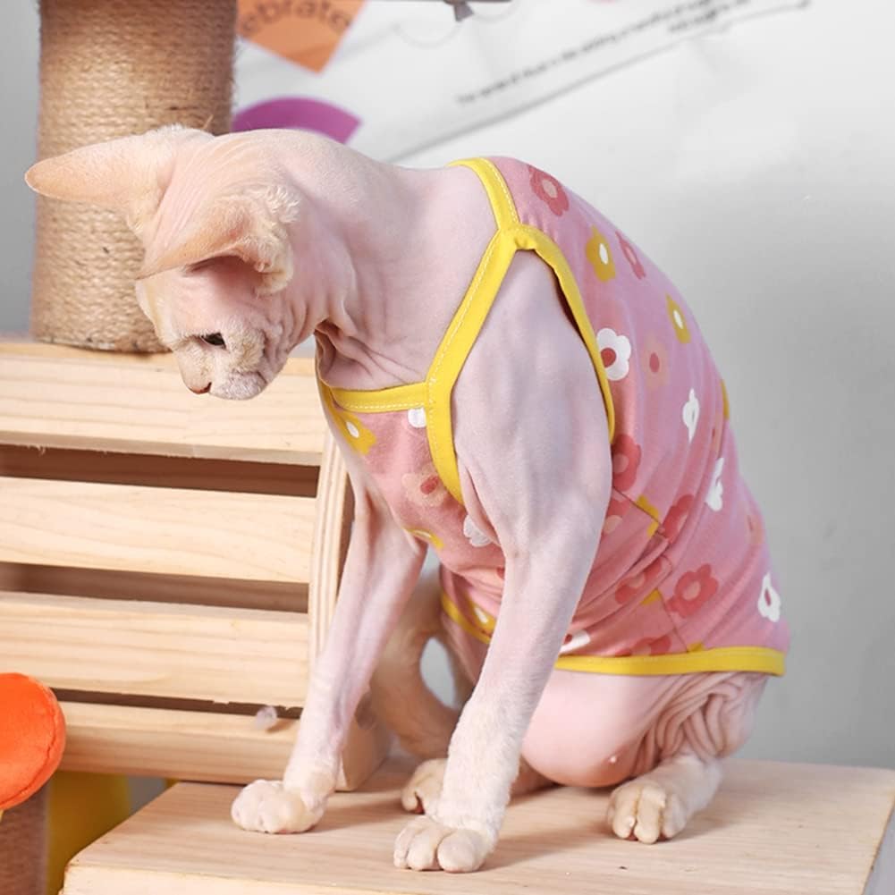 Sphynx Cat Clothes Summer Breathable Cotton Thin Camisole Sleeveless Shirt with Flower Print Strap Pullover Tank Tops Pajamas for Hairless Cats, Sphynx,Cornish Rex,Devon Rex,Peterbald (XL,Pink)