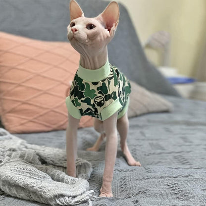 Hairless Cat Clothes Summer Cotton Thin Turtleneck T-Shirt Stretch Camouflage Print Short Sleeve Vest Tank Tops Pajamas Jumpsuits Pullover for Sphynx,Cornish Rex, Devon Rex, Peterbald (S)