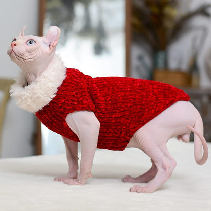 Hairless Cat Clothes, Turtleneck Winter Warm Faux Fur Sweater Outfit, Fashion High Collar Coat Pajamas Jumpsuit Clothes for Sphynx, Cornish Rex, Devon Rex, Peterbald, Hairless Cats (M,Red)