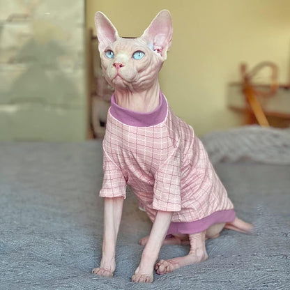 Hairless Cat Clothes Spring Fall Cotton Long Sleeve Turtleneck T-Shirt Striped Grid Print Vest Stretch Jumpsuits Pullover Comfort Pajamas for Sphynx,Cornish Rex, Devon Rex, Peterbald (L,Pink)