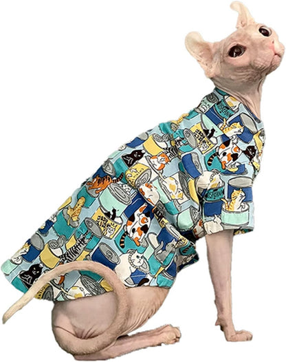 Hairless Cat T-Shirt Breathable Summer Cotton Shirts Short Sleeve Button Closure Turn Down Collar Animal Print Cat Clothes Vest Apparel for Sphynx, Cornish Rex, Devon Rex, Peterbald (XXL-)