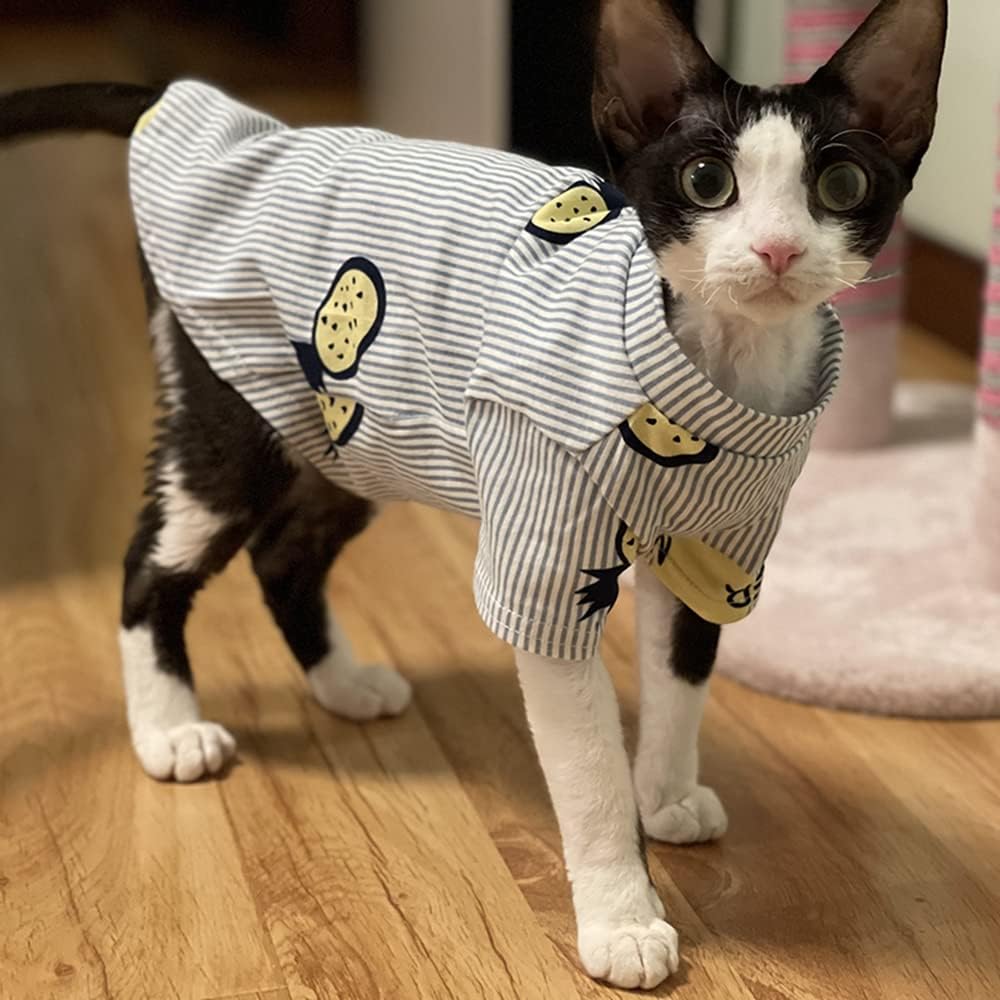 Hairless Cat Clothes - Summer Thin Cotton Stripe Cotton Shirt Breathable Soft Pullover Pajamas Camisole for Hairless Cats, Sphynx,Cornish Rex,Devon Rex,Peterbald (XXL)