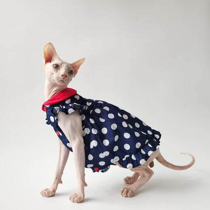 Hairless Cat Clothes - Summer Breathable Polka Dots Suspender Skirt Round Collar Elegant Romantic Girly Dress,Cotton Vest Princess Dress for Sphynx, Cornish Rex, Devon Rex, Peterbald (XL)