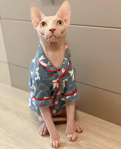 Sphynx Cat Clothes - Cotton Pajamas Animal Print Pet Sweater Shirt for Cats Clothing Spring Winter Skin-Friendly Jumpsuit Clothes for Sphynx, Cornish Rex, Devon Rex, Peterbald (M,Blue)