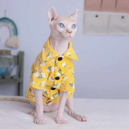 Hairless Cat T-Shirts Breathable Summer Cotton Yellow Shirts Button Closure Turn Down Collar Floral Print Cat Clothes Vest Pajamas Apparel for Sphynx, Cornish Rex, Devon Rex, Peterbald (XS)