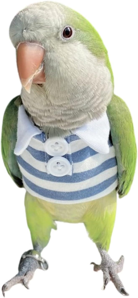 Bird Clothes - Handmade Cotton Stripe Polo Shirt with Button Flight Suit Vest for Parrots African Greys Parakeet Cockatiel Sun Conure Parrot Halloween Cosplay Apparel Bird Supplies (XL,Blue)