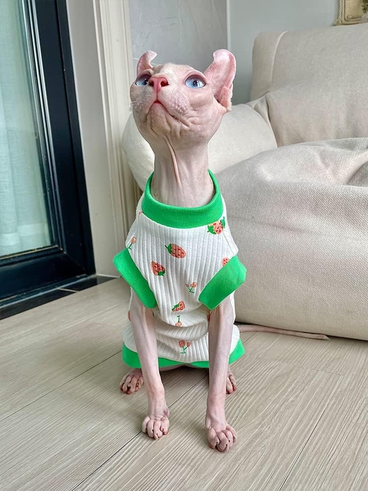 Sphynx Cat Clothes Breathable Summer Cotton Elastic T-Shirts with Strawberry Print Cat Wear Clothes Vest Pajamas Hairless Cat Apparel for Sphynx, Cornish Rex, Devon Rex, Peterbald? (XL+)