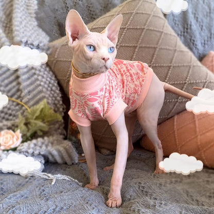 Hairless Cat Clothes Cotton Turtleneck T-Shirt Vest Flower Print Pullover Pajamas for Sphynx Cornish Rex Devon Rex Peterbald