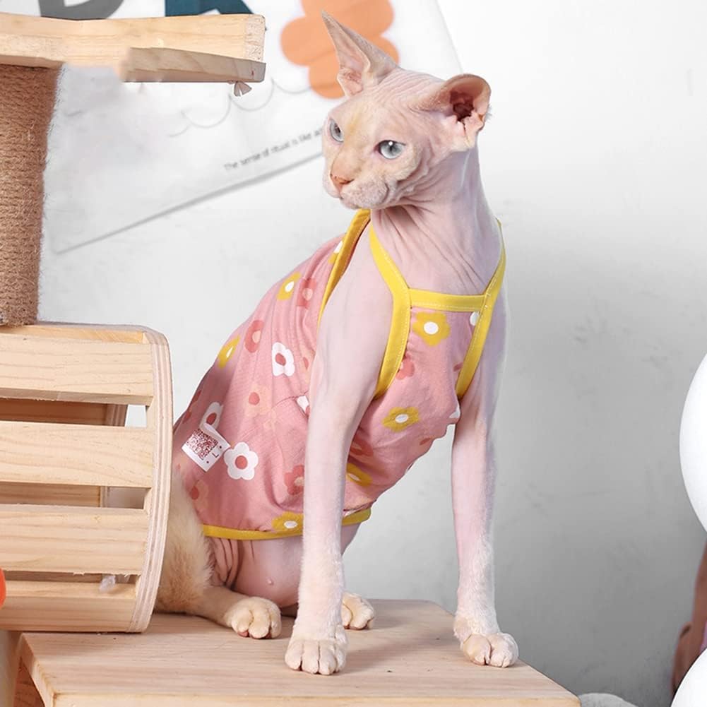 Sphynx Cat Clothes Summer Breathable Cotton Thin Camisole Sleeveless Shirt with Flower Print Strap Pullover Tank Tops Pajamas for Hairless Cats, Sphynx,Cornish Rex,Devon Rex,Peterbald (XL,Pink)