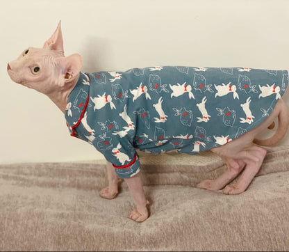 Sphynx Cat Clothes - Cotton Pajamas Animal Print Pet Sweater Shirt for Cats Clothing Spring Winter Skin-Friendly Jumpsuit Clothes for Sphynx, Cornish Rex, Devon Rex, Peterbald (M,Blue)