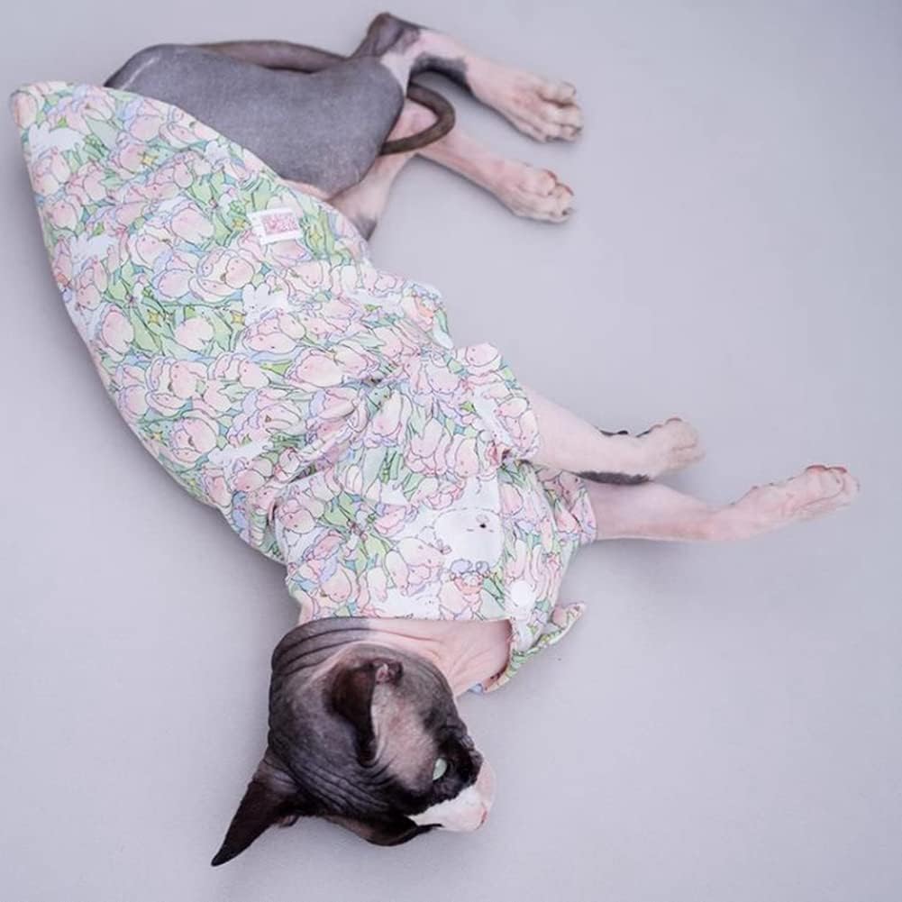 Hairless Cat Clothes - Summer Cotton Breathable T-Shirts Button Closure Turn Down Collar Stretch Jumpsuits Pullover Pajamas Cat Apparel for Sphynx, Cornish Rex, Devon Rex, Peterbald (S+,Pink)