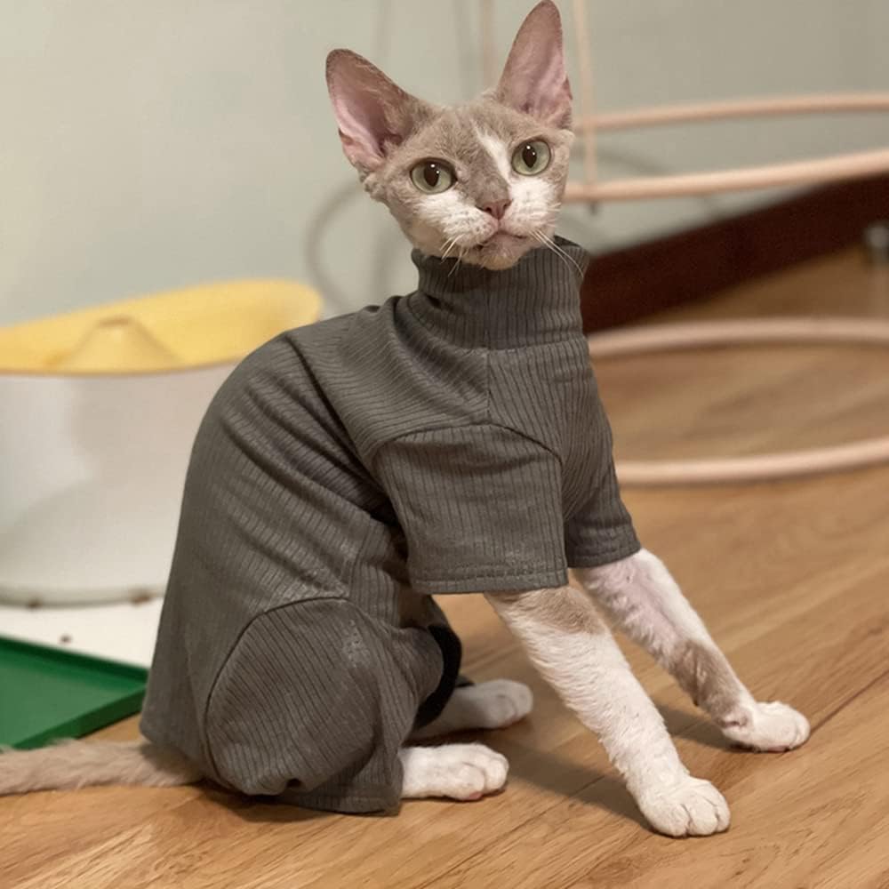 Sphynx Cat Clothes Pure Cotton Turtleneck Shirt Four Leg Breathable Thin Vest Pajamas for Spring Summer Autumn Cat Wear Clothes for Hairless Cat Sphynx,Cornish Rex, Devon Rex, Peterbald (XXXL,Grey)