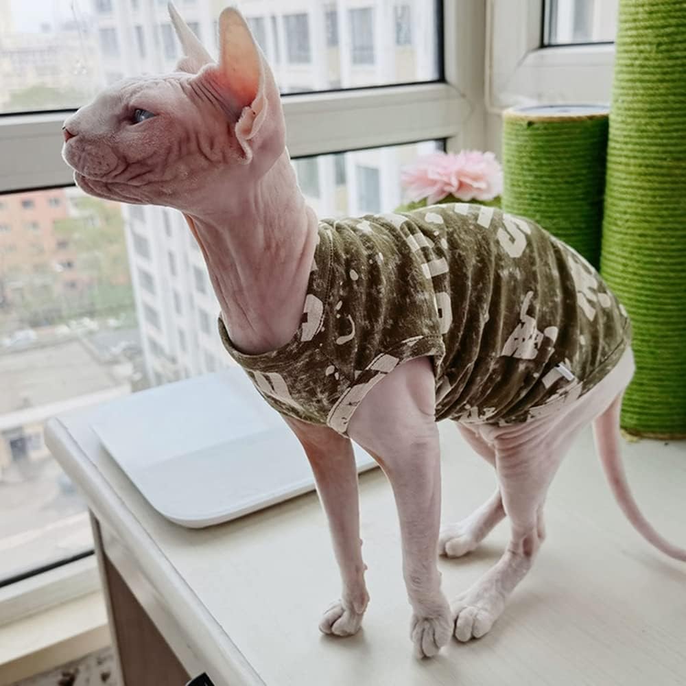 Hairless Cats Clothes Summer Thin Cotton Vest Breathable Soft Green Pullover Tank Tops Sleeveless Shirt Cat Apparel Pajamas for Sphynx,Cornish Rex, Devon Rex, Peterbald (XL,Green)