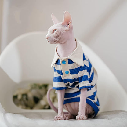 Hairless Cat Clothes Cotton Polo T-Shirt Stripe Print Pullover Jumpsuits Pajamas for Sphynx Cornish Rex Devon Rex Peterbald