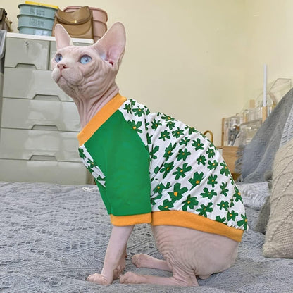 Hairless Cat Clothes Spring Autumn Cotton Long Sleeve Turtleneck T-Shirt Floral Print Vest Stretch Jumpsuits Pullover Comfort Pajamas for Sphynx,Cornish Rex, Devon Rex, Peterbald (M)