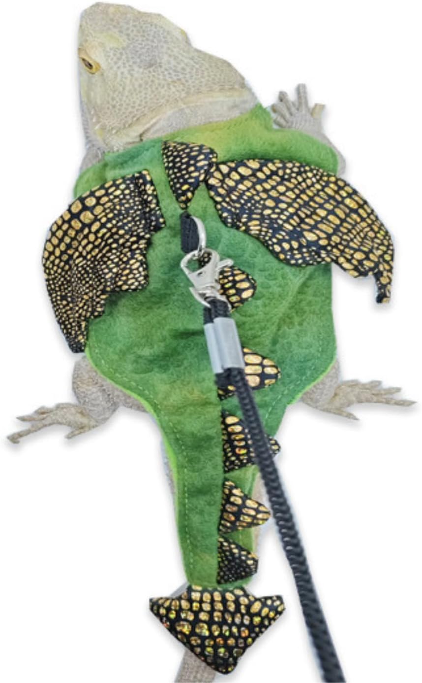 Bearded Dragon Harness Leash Set - Halloween Costume Adjustable Lizard Dinosaur Leash Harness with Wing Outdoor Walking Lead Control Rope for Bearded Dragon Reptiles Small Animals (S,Green)