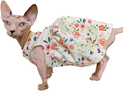 Hairless Cat Clothes - Breathable Spring Autumn Cotton Corduroy Dress with Floral Print Skirt Elegant Romantic Girly Vest Soft Strap Tank Top for Sphynx, Cornish Rex, Devon Rex, Peterbald (XL)