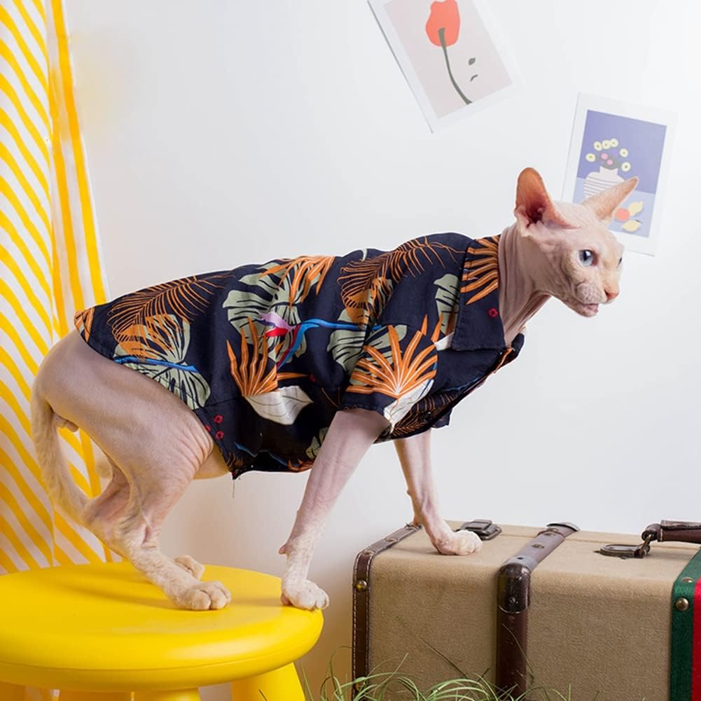 Hairless Cat Clothes - Breathable Summer Cotton T-Shirts Button Closure Turn Down Collar Stretch Jumpsuits Pullover Pajamas Cat Apparel for Sphynx, Cornish Rex, Devon Rex, Peterbald (S,Blue)