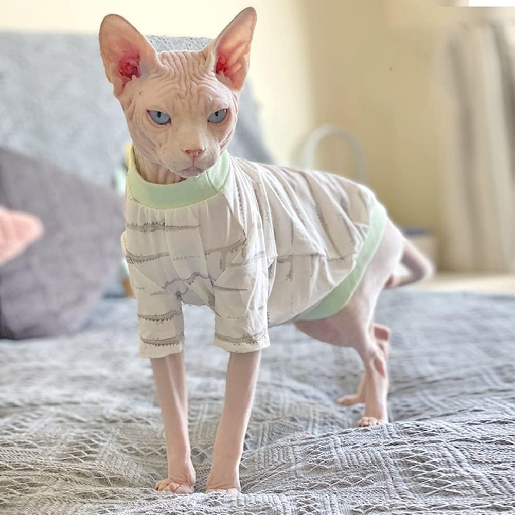 Hairless Cat Clothes Spring Fall Cotton Long Sleeve Turtleneck T-Shirt Crocodile Print Vest Stretch Jumpsuits Pullover Comfort Pajamas for Sphynx,Cornish Rex, Devon Rex, Peterbald (M)