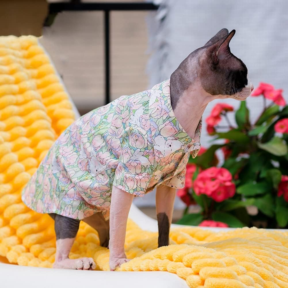 Hairless Cat Clothes - Summer Cotton Breathable T-Shirts Button Closure Turn Down Collar Stretch Jumpsuits Pullover Pajamas Cat Apparel for Sphynx, Cornish Rex, Devon Rex, Peterbald (S+,Pink)