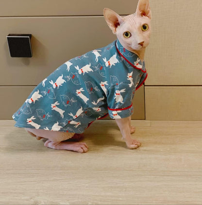 Sphynx Cat Clothes - Cotton Pajamas Animal Print Pet Sweater Shirt for Cats Clothing Spring Winter Skin-Friendly Jumpsuit Clothes for Sphynx, Cornish Rex, Devon Rex, Peterbald (M,Blue)