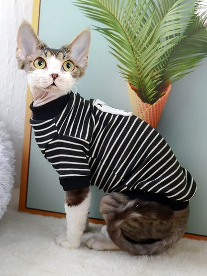 Sphynx Cat Clothes Breathable Summer Cotton Black Strips T-Shirts Round Collar Cat Wear Clothes Vest Pajamas Hairless Cats Dogs Apparel for Sphynx, Cornish Rex, Devon Rex, Peterbald (XS)