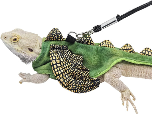 Bearded Dragon Harness Leash Set - Halloween Costume Adjustable Lizard Dinosaur Leash Harness with Wing Outdoor Walking Lead Control Rope for Bearded Dragon Reptiles Small Animals (S,Green)