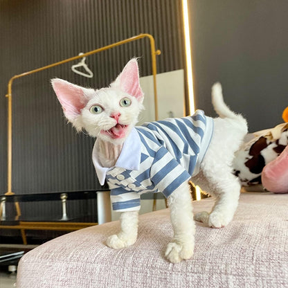 Hairless Cat T-Shirt Breathable Summer Cotton Stripe Shirts Short Sleeve Button Closure Turn Down Collar Cat Clothes Vest Apparel for Sphynx, Cornish Rex, Devon Rex, Peterbald (L+)