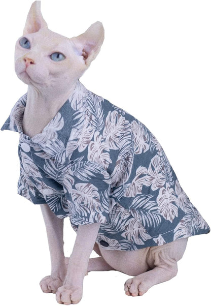 Hairless Cat T-Shirt Breathable Summer Cotton Hawaiian Shirts Short Sleeve Button Closure Turn Down Collar Leaf Print Cat Clothes Vest Apparel for Sphynx, Cornish Rex, Devon Rex, Peterbald (L+)