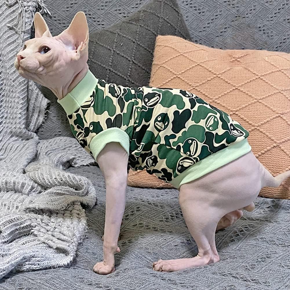 Hairless Cat Clothes Summer Cotton Thin Turtleneck T-Shirt Stretch Camouflage Print Short Sleeve Vest Tank Tops Pajamas Jumpsuits Pullover for Sphynx,Cornish Rex, Devon Rex, Peterbald (S)