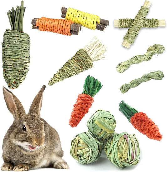 13 Pack Rabbit Bunny Chew Toys for Small Animals - Bunny Natural Hay Activity Balls Rabbit Apple Sticks Sweet Bamboo Timothy Hay Sticks Grass Carrots for Hamster Guinea Pig Dental Health