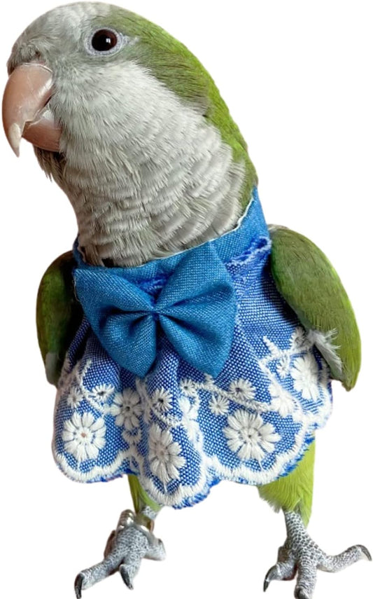 Bird Clothes - Handmade Cotton Denim Dress with Bowknot Lace Embroidered Flight Suit for Parrots African Greys Parakeet Cockatiel Sun Conure Parrot Cosplay Apparel Bird Supplies (3XL)