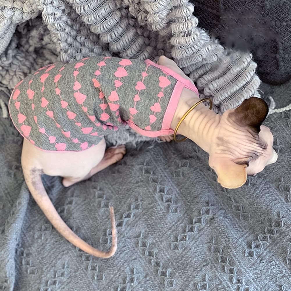 Sphynx Cat Clothes Breathable Summer Cotton Thin Camisole Sleeveless Shirt with Heart Print Strap Tank Tops Pullover Pajamas for Hairless Cats, Sphynx,Cornish Rex,Devon Rex,Peterbald (M)