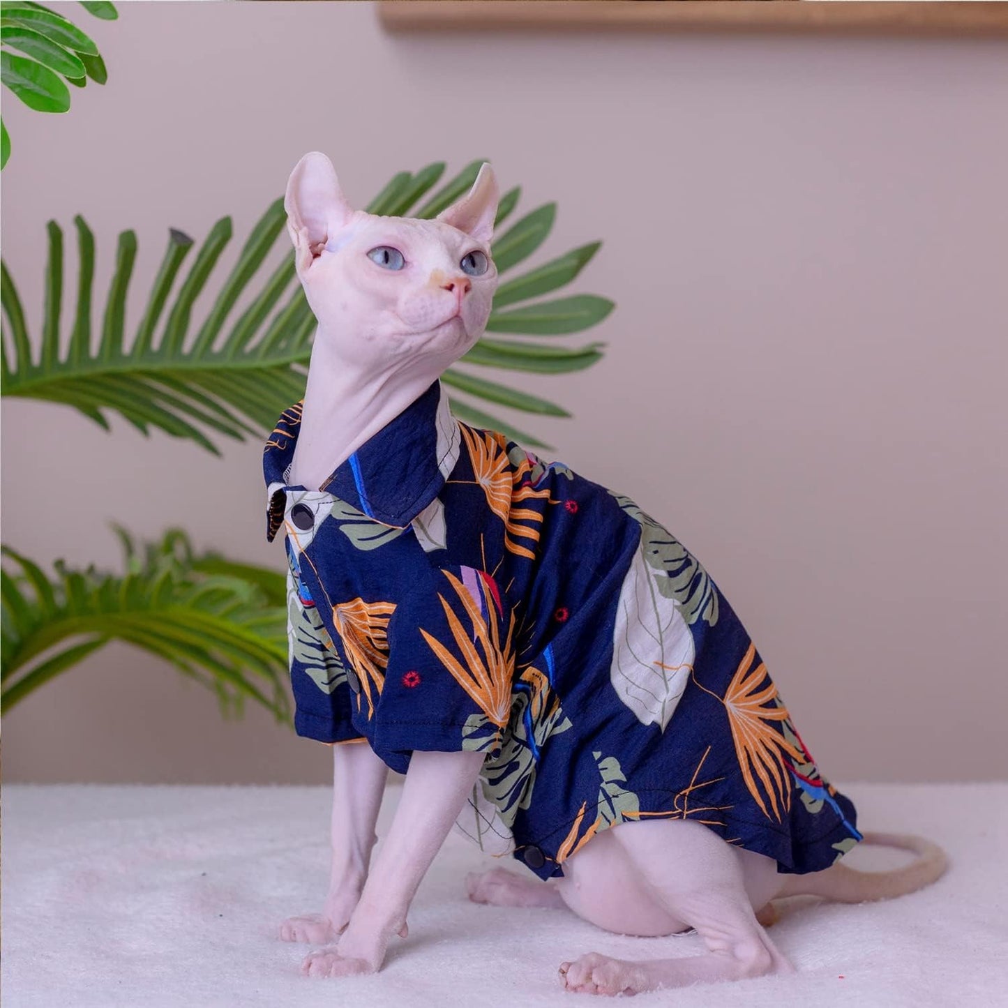 Hairless Cat T-Shirts Breathable Summer Cotton Hawaiian Shirts Button Closure Turn Down Collar Leaf Print Cat Clothes Vest Pajamas Apparel for Sphynx, Cornish Rex, Devon Rex, Peterbald (XL-)