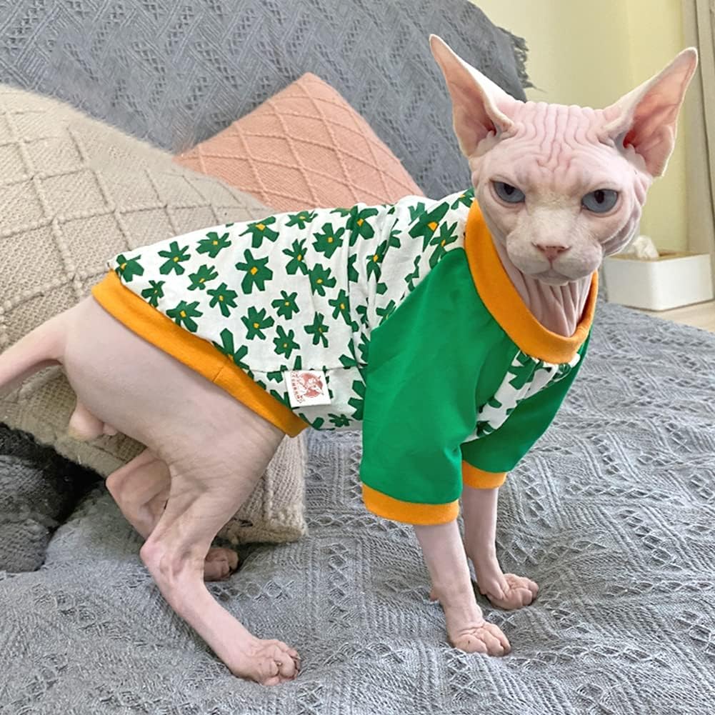 Hairless Cat Clothes Spring Autumn Cotton Long Sleeve Turtleneck T-Shirt Floral Print Vest Stretch Jumpsuits Pullover Comfort Pajamas for Sphynx,Cornish Rex, Devon Rex, Peterbald (M)