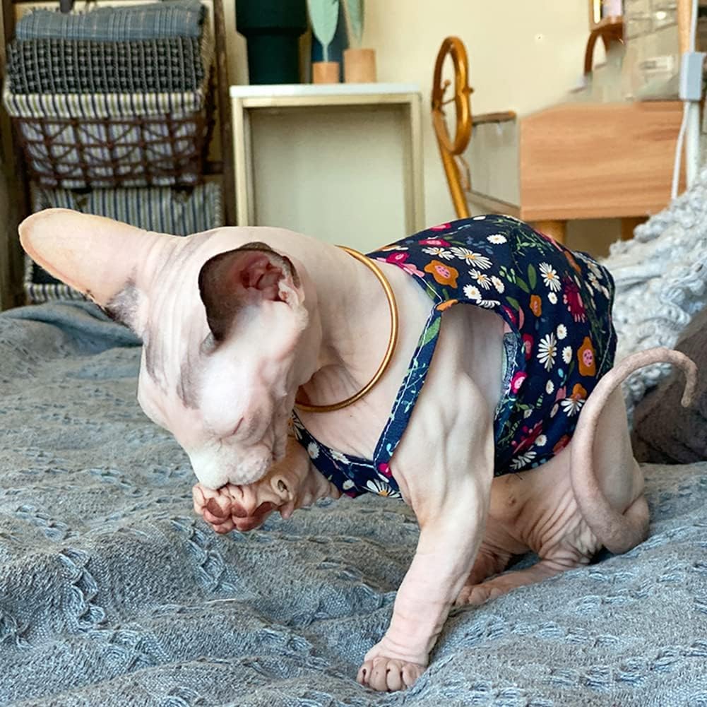 Sphynx Cat Clothes Breathable Summer Cotton Thin Camisole Sleeveless Shirt with Floral Print Strap Tank Tops Pullover Pajamas for Hairless Cats, Sphynx,Cornish Rex,Devon Rex,Peterbald (M)