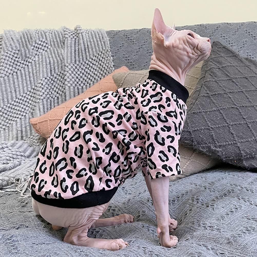 Hairless Cat Clothes Spring Autumn Cotton Long Sleeve Turtleneck T-Shirt Leopard Print Vest Stretch Jumpsuits Pullover Comfort Pajamas for Sphynx,Cornish Rex, Devon Rex, Peterbald (L)